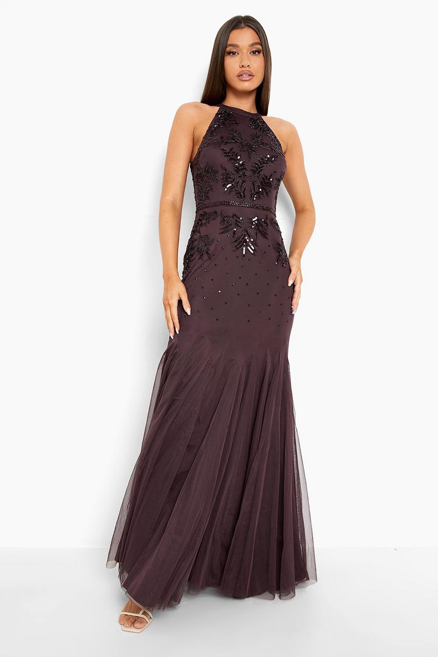 Purple Bridesmaid Hand Embellished Halter Maxi Dress image number 1