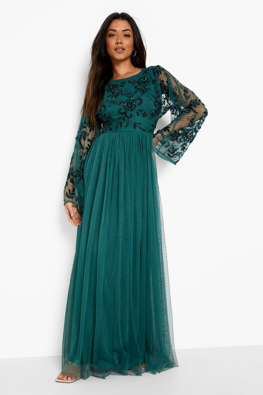 Dark green Hand Embellished Long Sleeve Maxi Dress image number 1