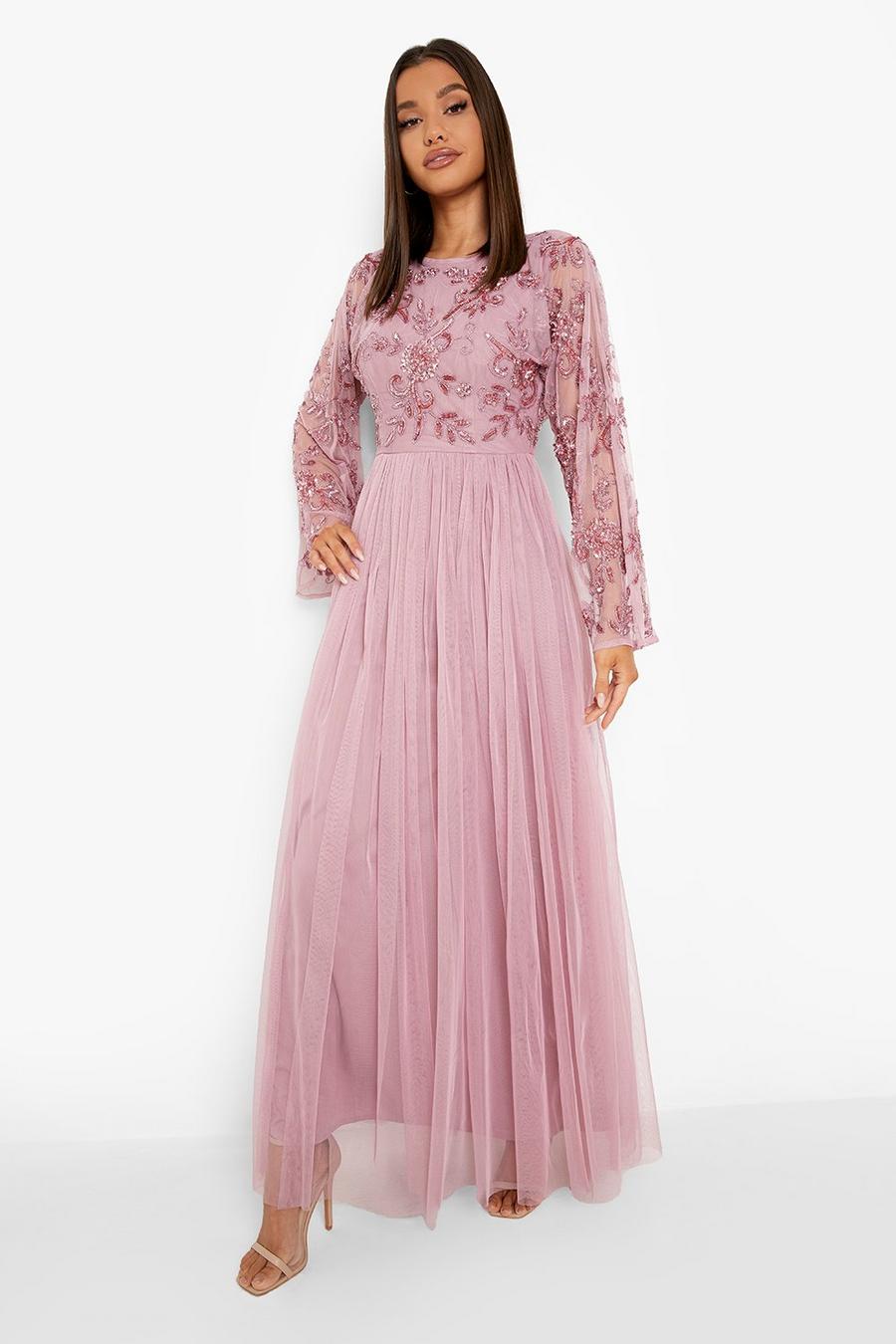 Rose rosa Långärmad långklänning med smyckestenar