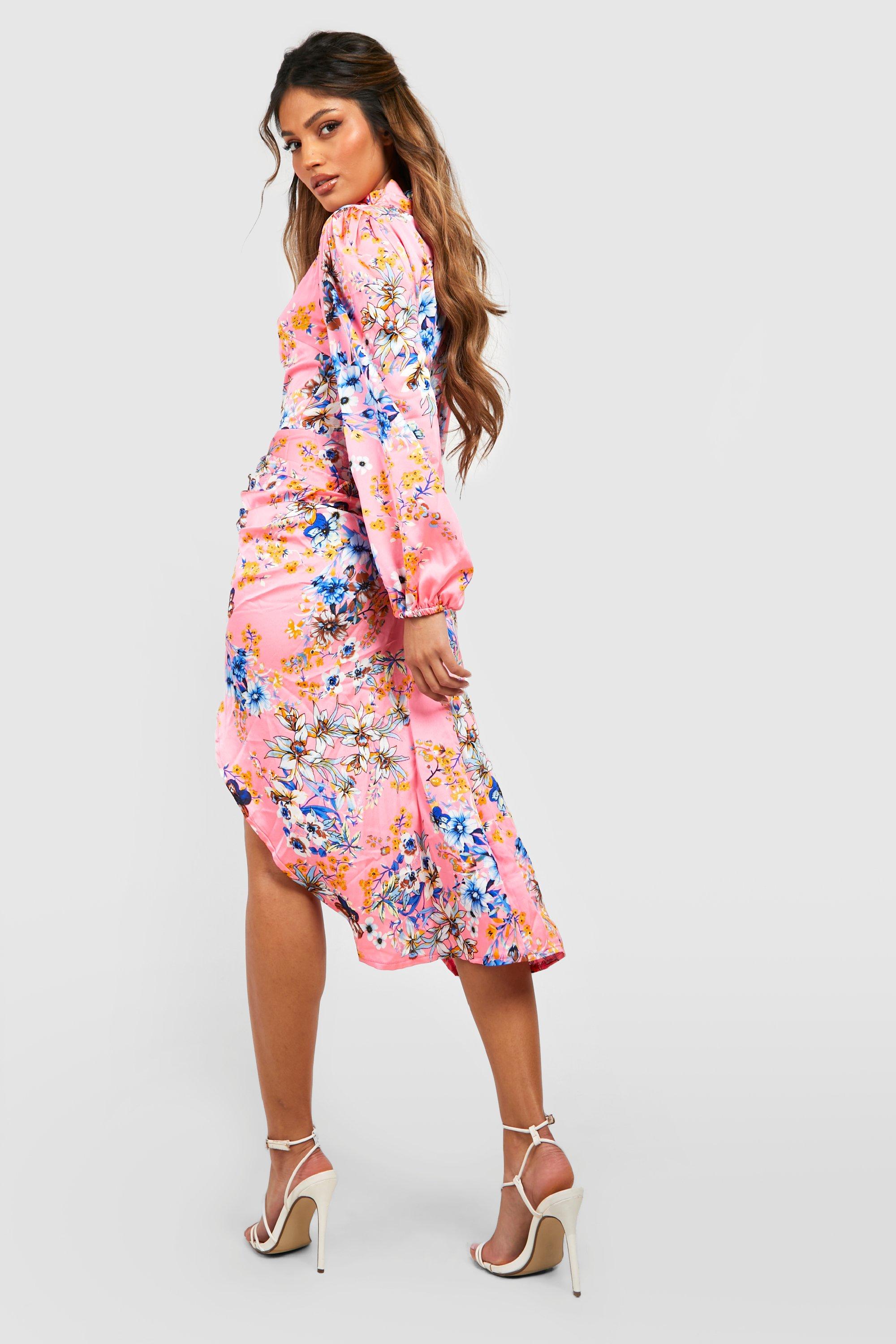 Verbanning Lol referentie Geplooide Bloemen Midi Jurk Met Hoge Hals | boohoo