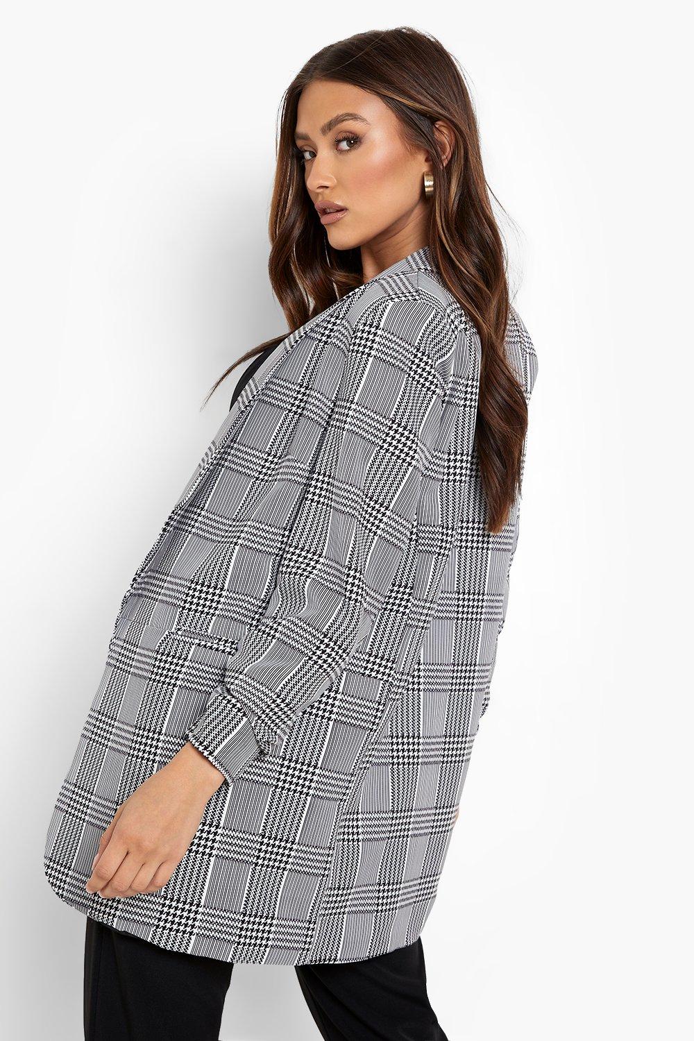 Women s Prince Of Wales Check Ruched Sleeve Blazer Boohoo UK