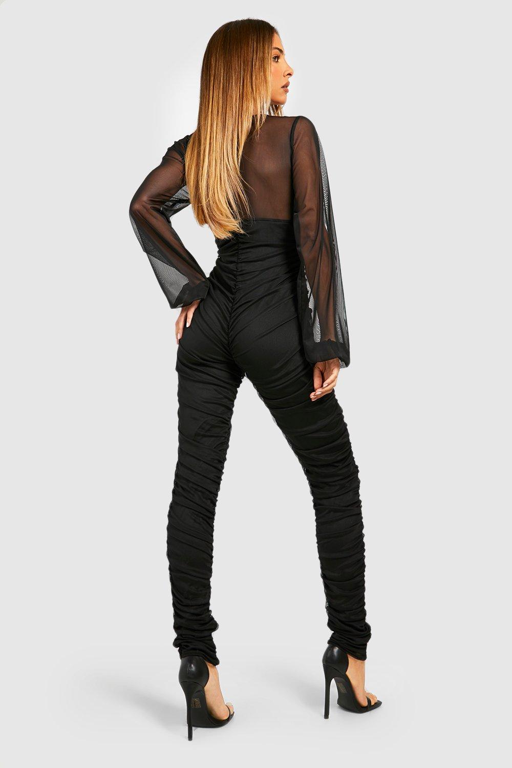 Women's Ruched Mesh Balloon Sleeve Jumpsuit