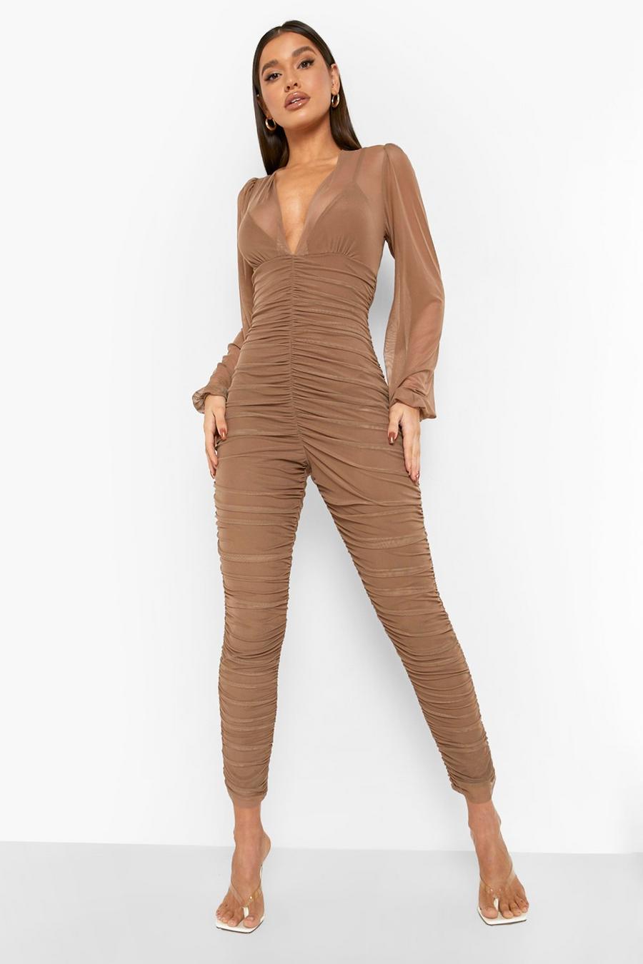 Chocolate brun Ruched Mesh Balloon Sleeve Jumpsuit