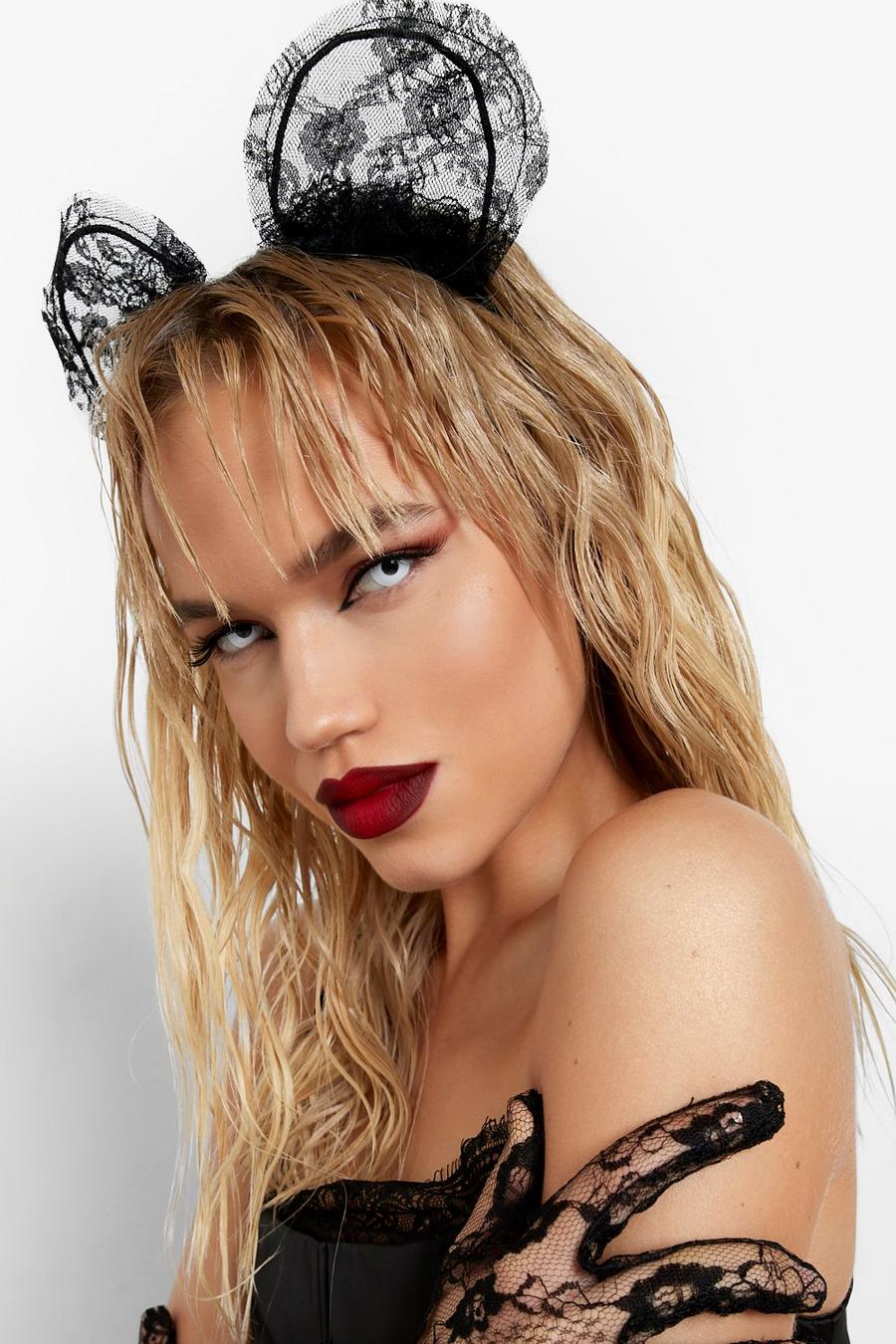 Black Halloween Lace Mouse Ears Headband image number 1
