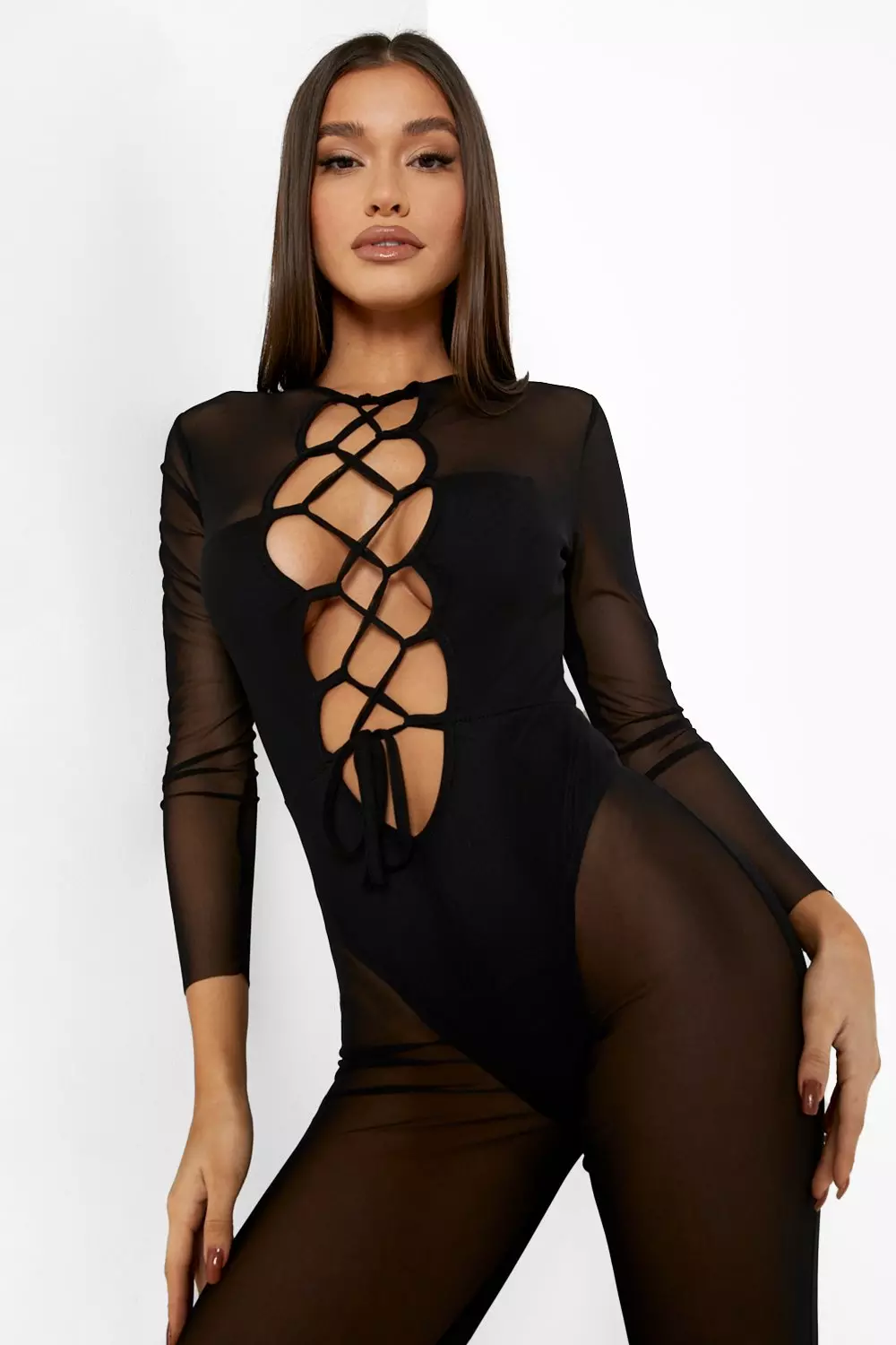 Black Lace Up Mesh Flare Jumpsuit alternative image