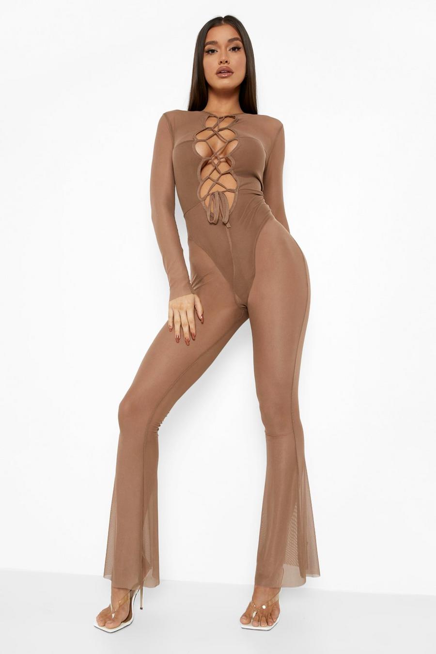 Chocolate Lace Up Mesh Flare Jumpsuit image number 1