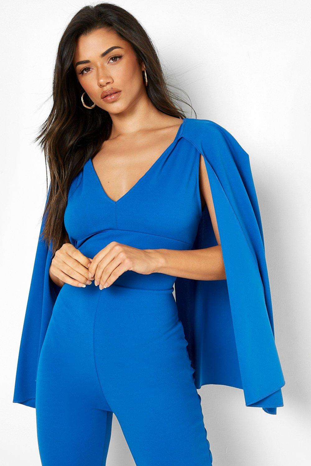 Royal Blue Plunging Neck Jumpsuit With Sleeves