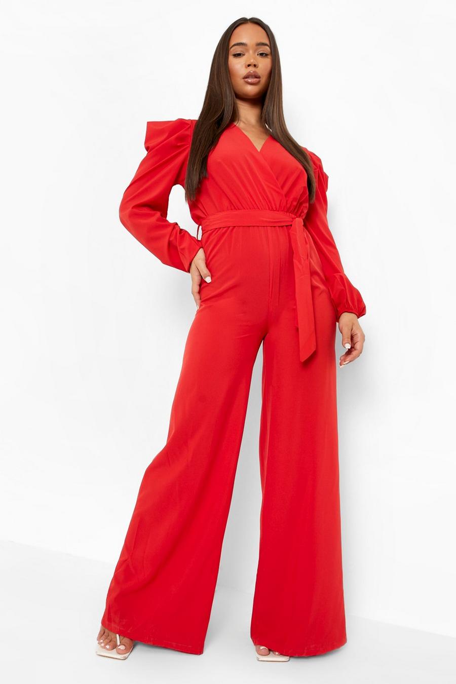 Red Puff Sleeve Wide Leg Belted Jumpsuit image number 1