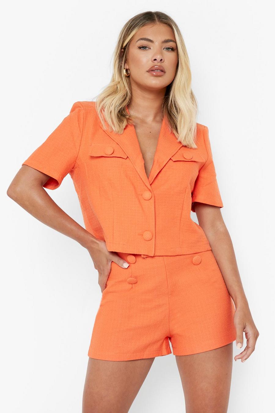 Orange Textured Pocket Detail Cropped Blazer