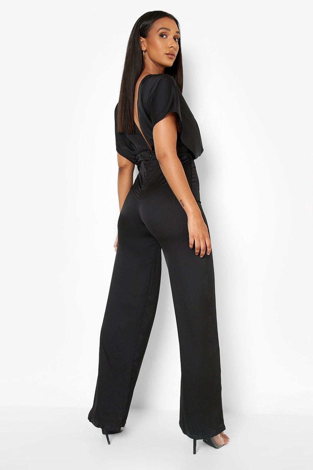 Black Satin Jumpsuit - Short Sleeve Jumpsuit - Wide-Leg Jumpsuit