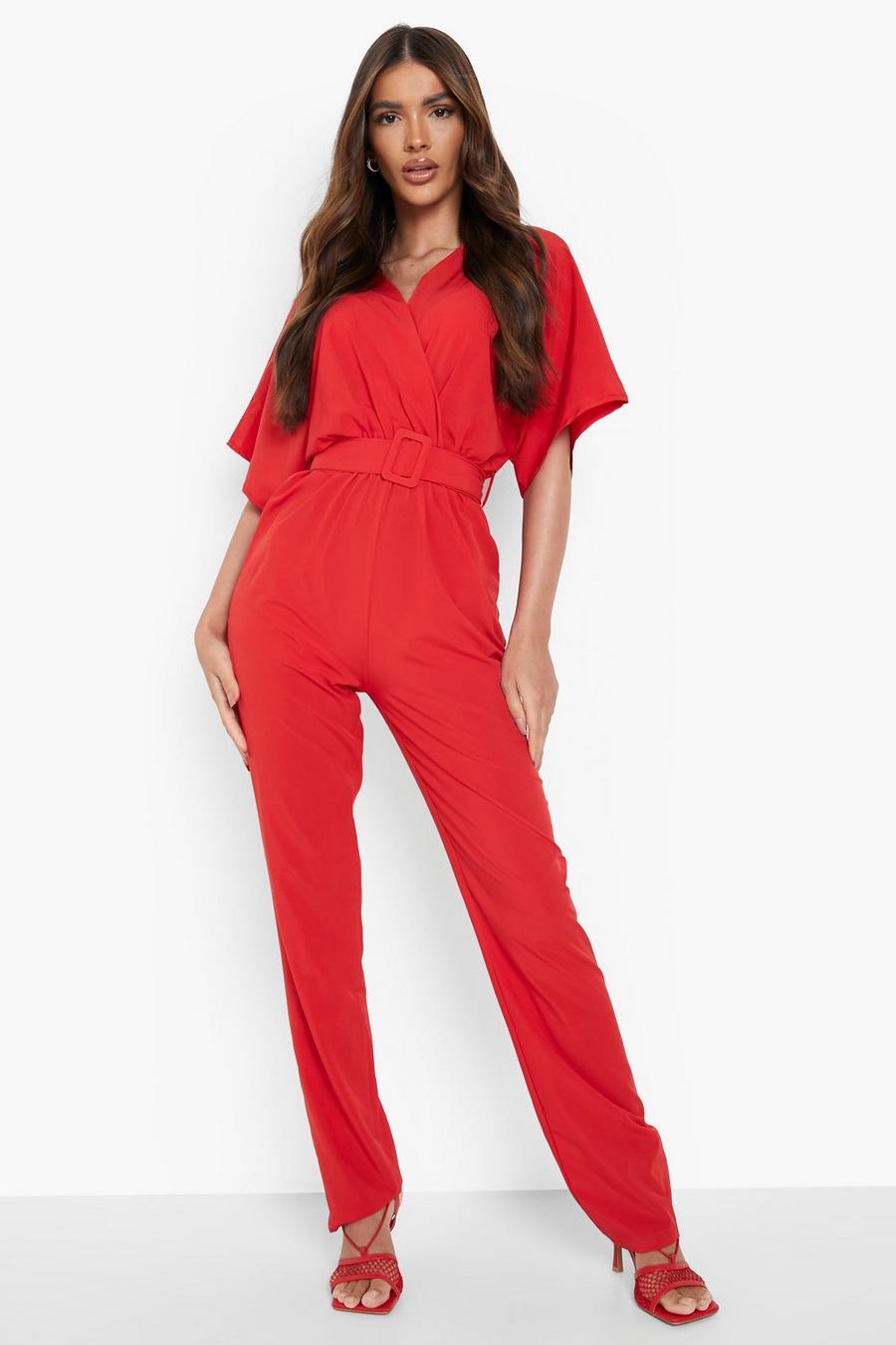 Red Belted Straight Leg Wrap Jumpsuit image number 1