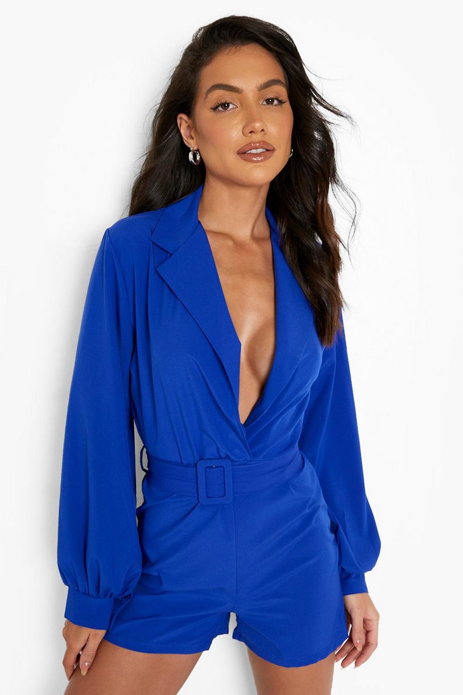 Bright blue Balloon Sleeve Belted Blazer Playsuit image number 1