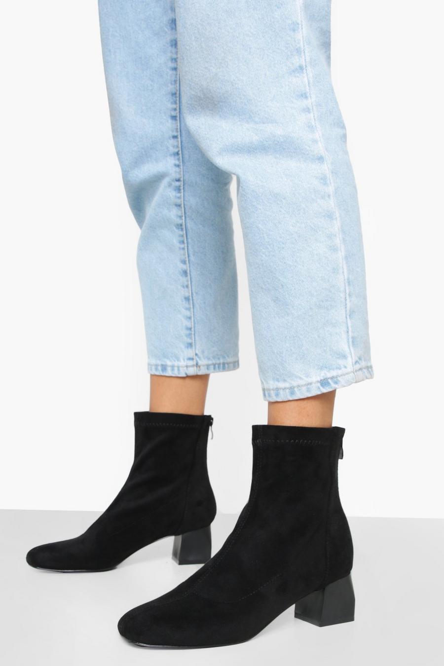 Black noir Squared Block Heel Sock Boots