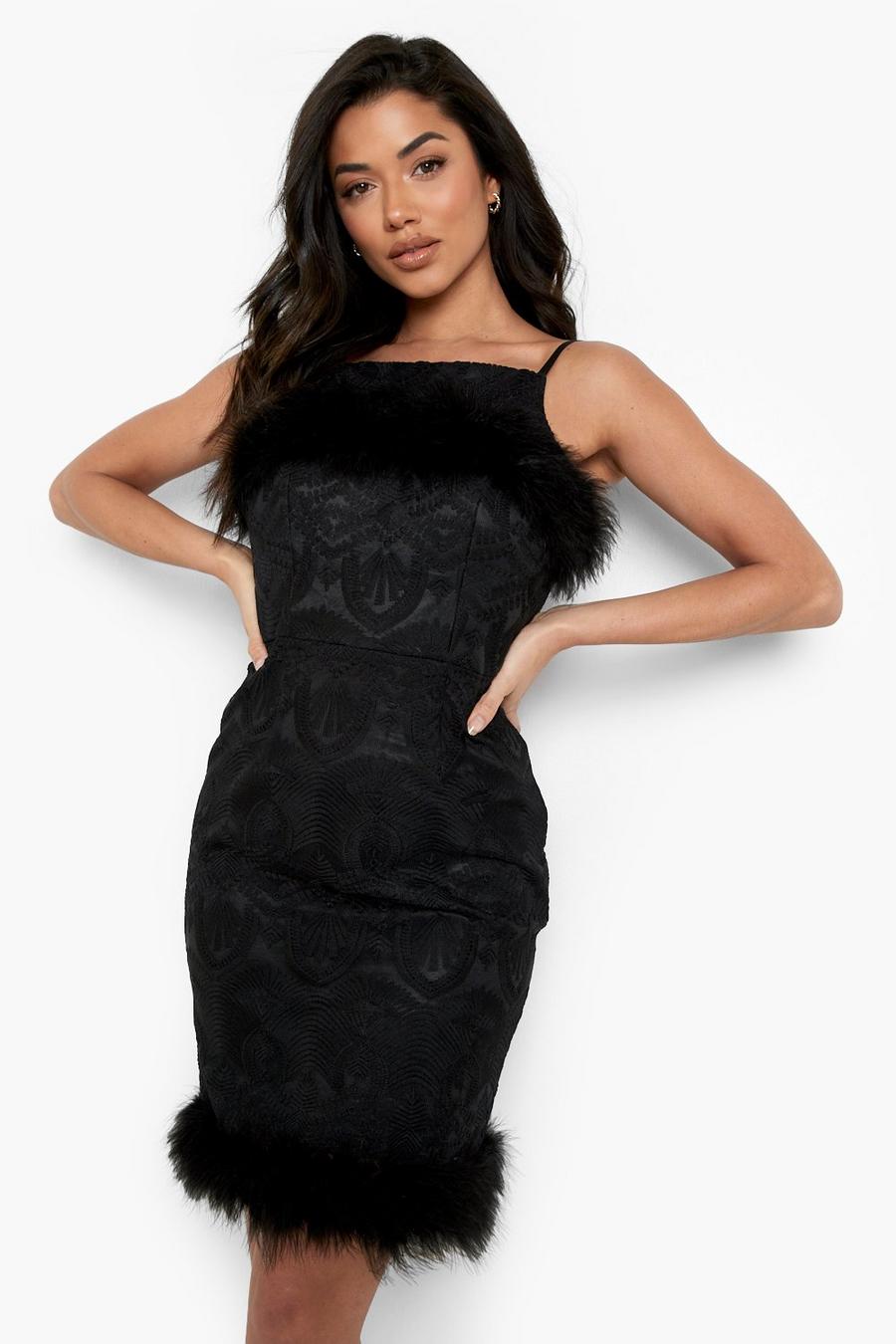 Black Lace And Feather Trim Strappy Midi Dress