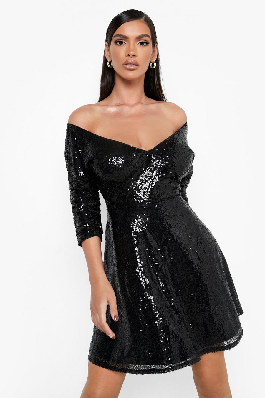 שחור שמלת סקייטר ברדו עם פייטים ושרוולי 3/4 image number 1