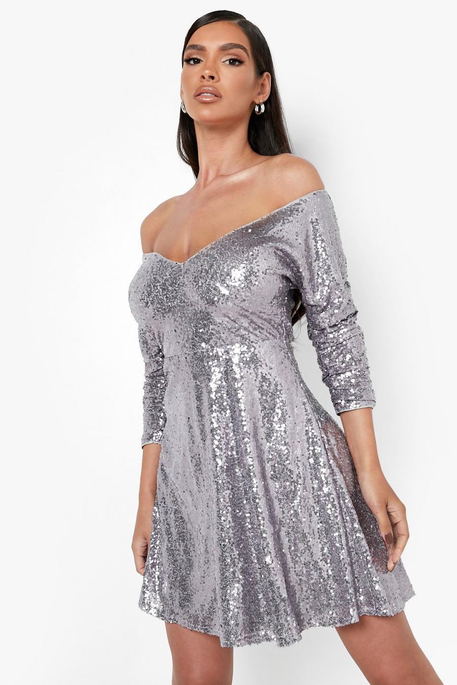 Silver Sequin Bardot 3/4 Sleeve Skater Dress