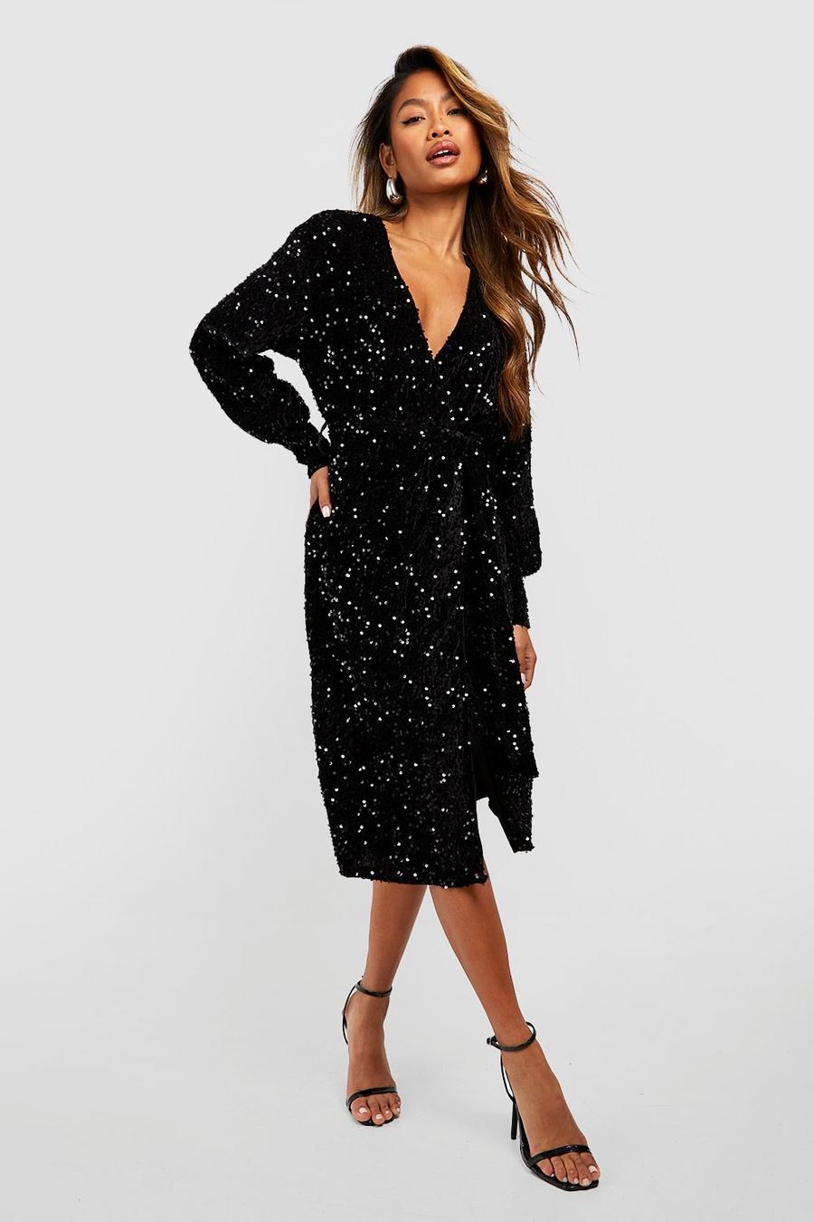 Black Sequin Wrap Belted Midi Party Dress