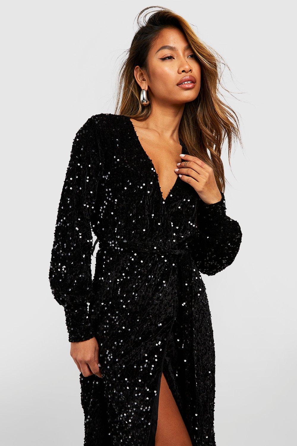 Womens Sequin Wrap Belted Midi Party Dress Boohoo Women Clothing Dresses Party Dresses 4 