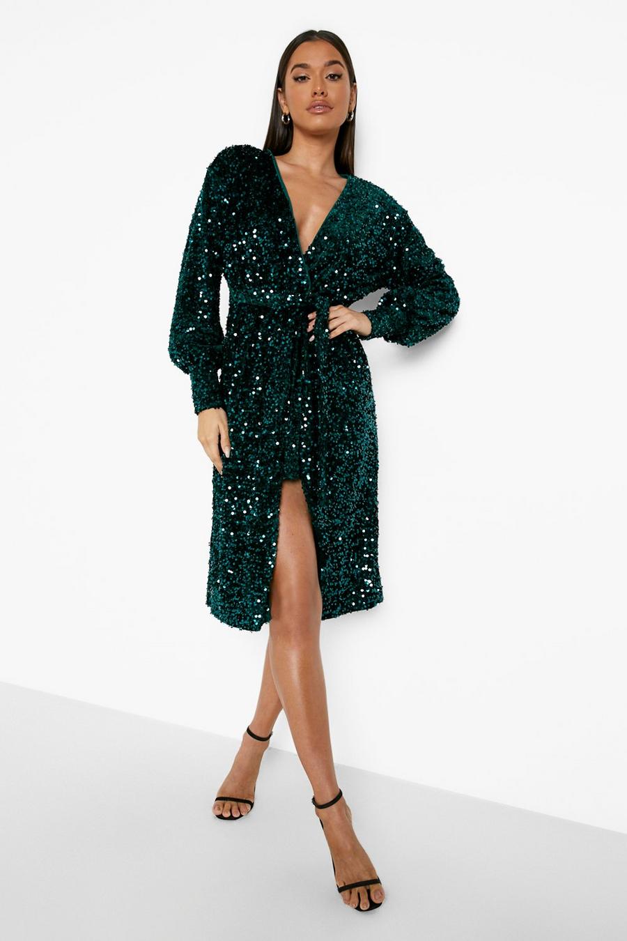 Bottle green Sequin Wrap Belted Midi Party Dress image number 1