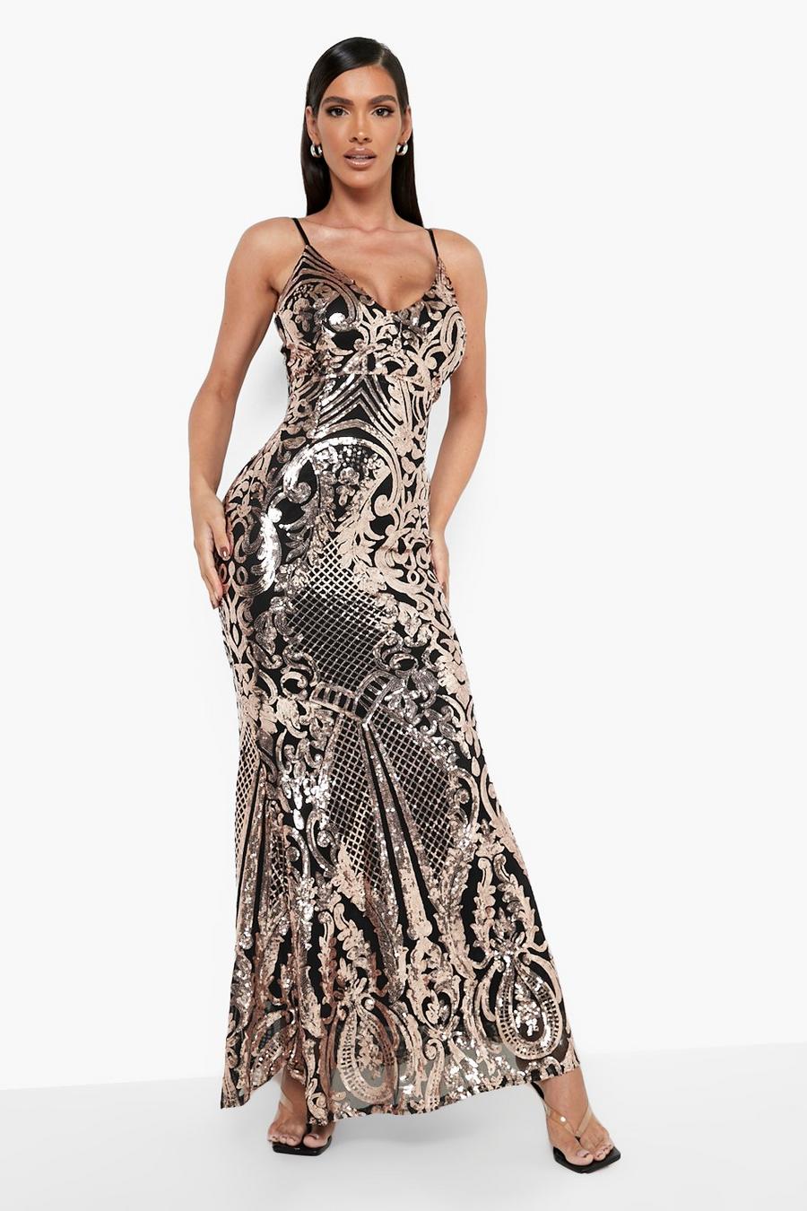 Black svart Demask Sequin Fishtail Maxi Party Dress