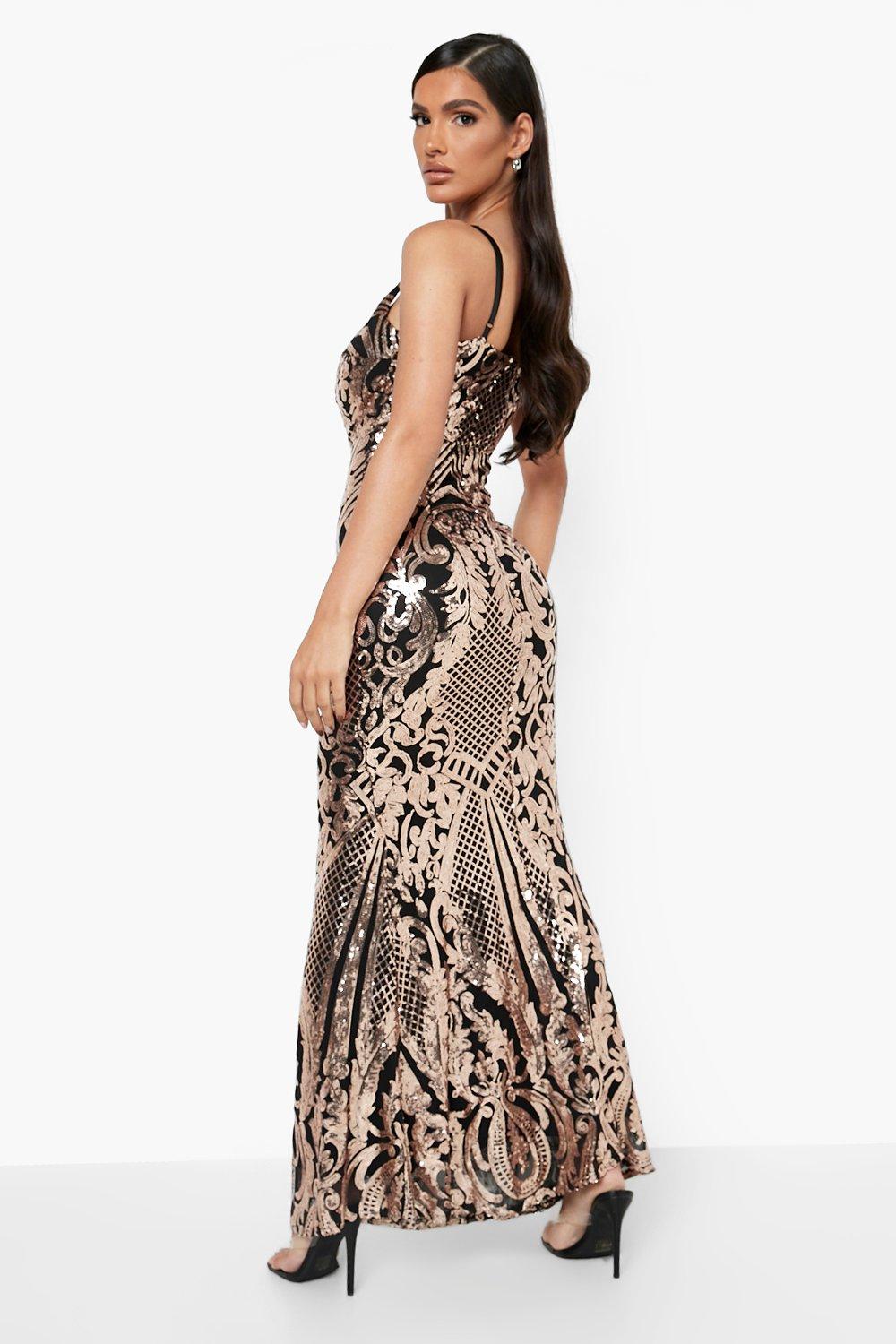 Quiz black and rose gold sequin bardot maxi hot sale dress