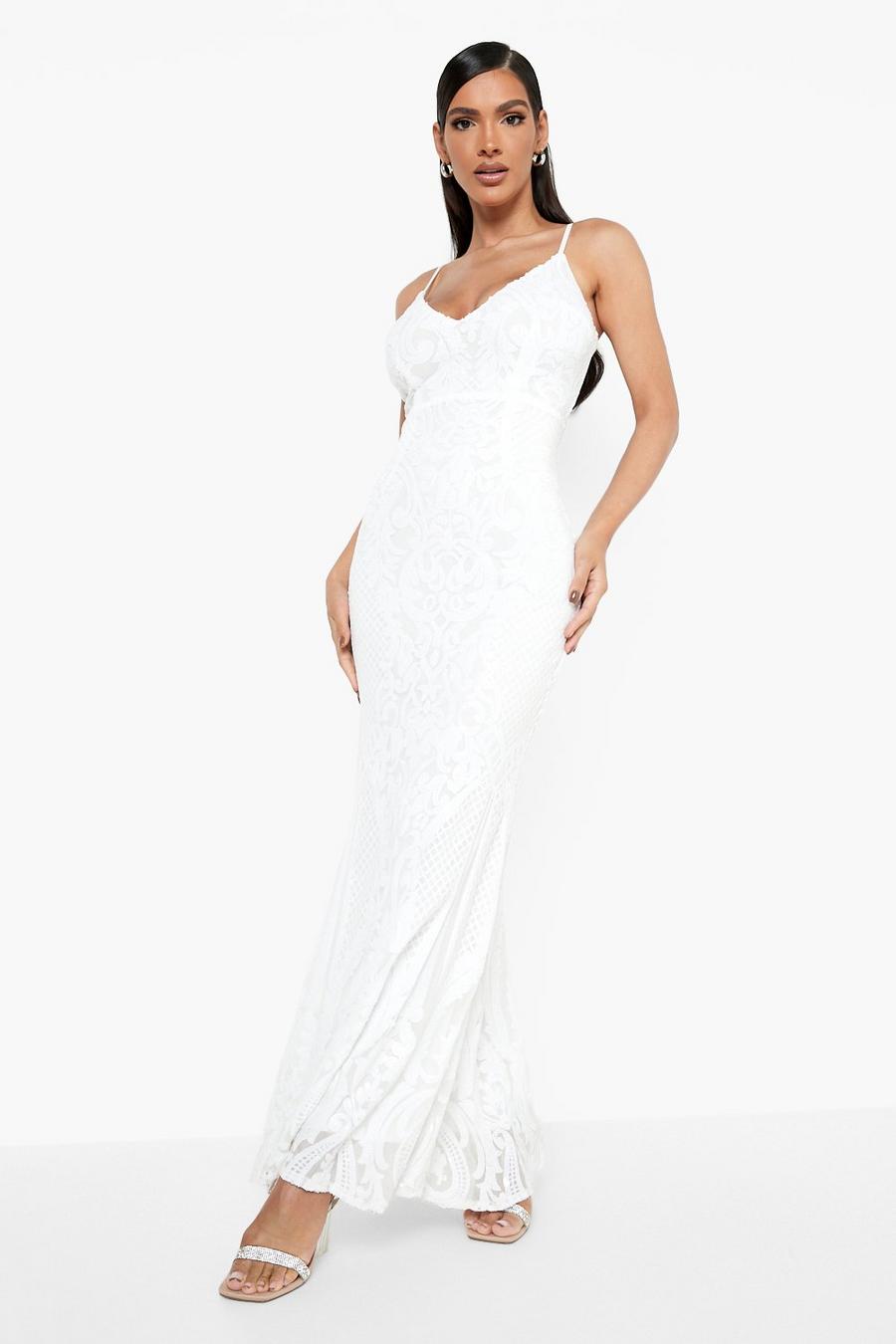 White Demask Sequin Fishtail Maxi Party Dress image number 1