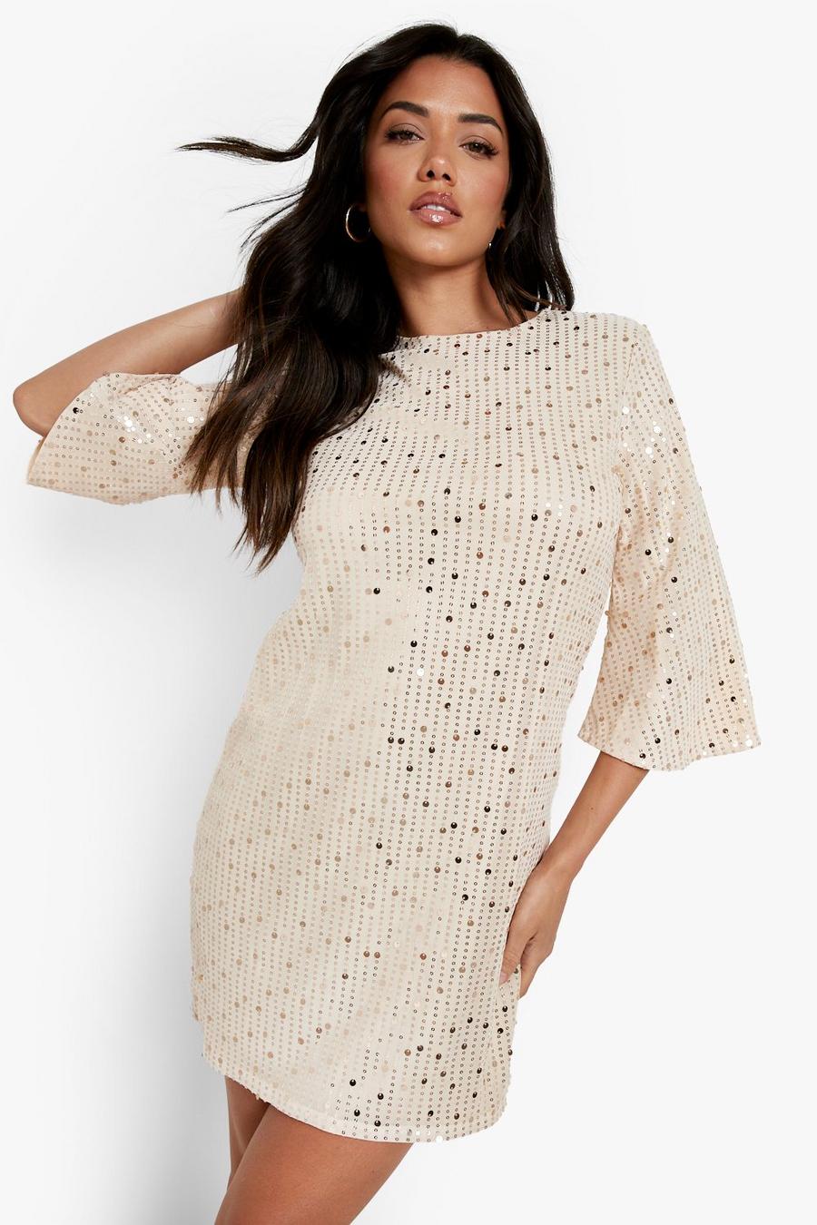 Rose gold metallic Sequin 3/4 Sleeve Shift Party Dress