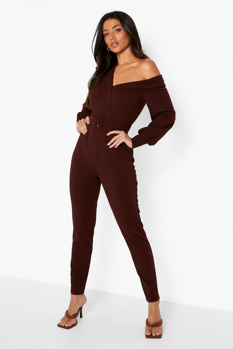 Chocolate One Shoulder Belted Tailored Jumpsuit image number 1