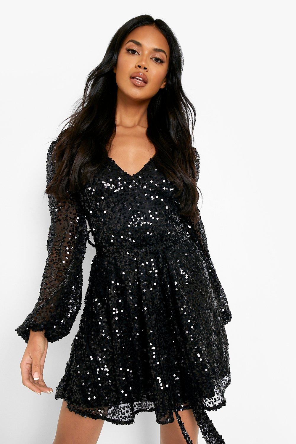 Boohoo Sequin Plunge Blouson Sleeve Skater Party Dress Debenhams