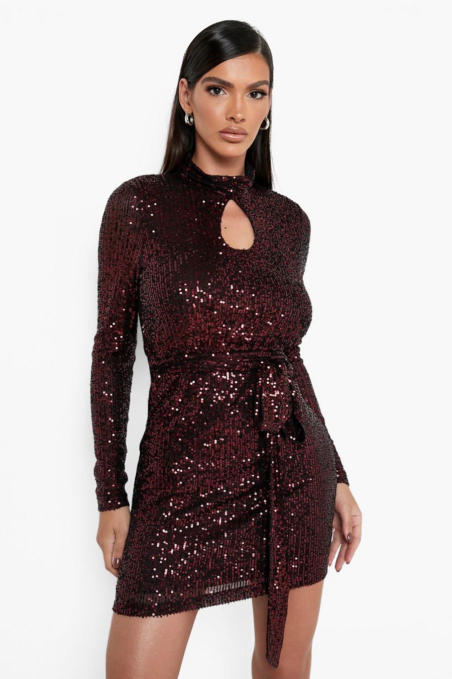 Berry Sequin High Neck Belted Mini Dress image number 1