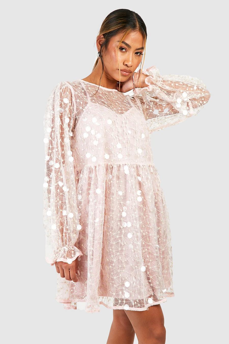 Blush pink Disk Sequin Blouson Sleeve Smock Party Dress