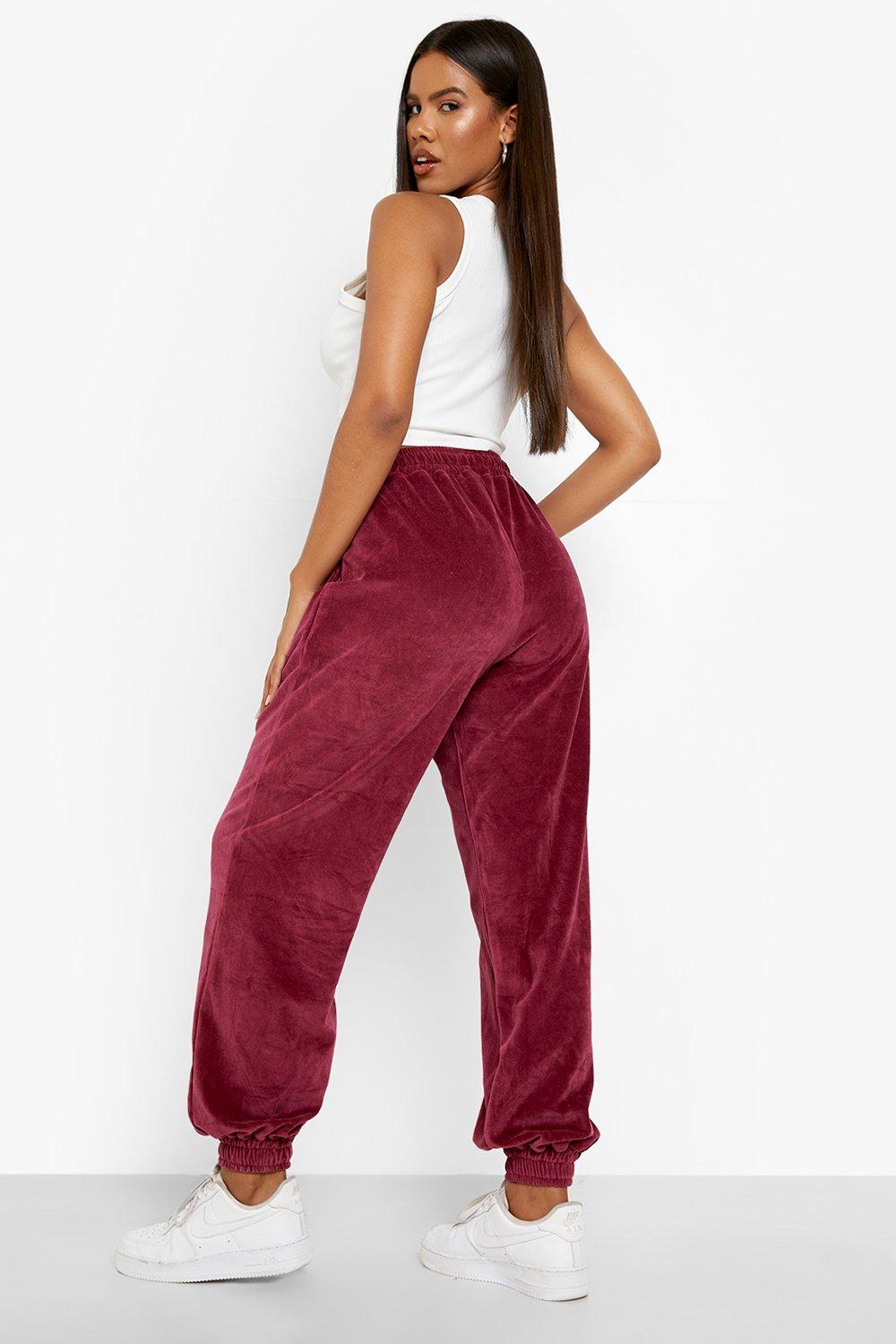 Women's Red Velour Regular Fit Joggers