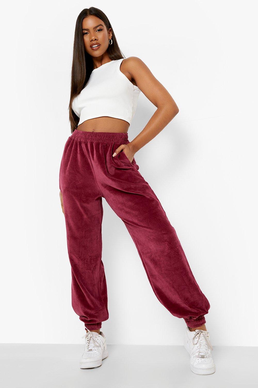 Women's Red Velour Regular Fit Joggers