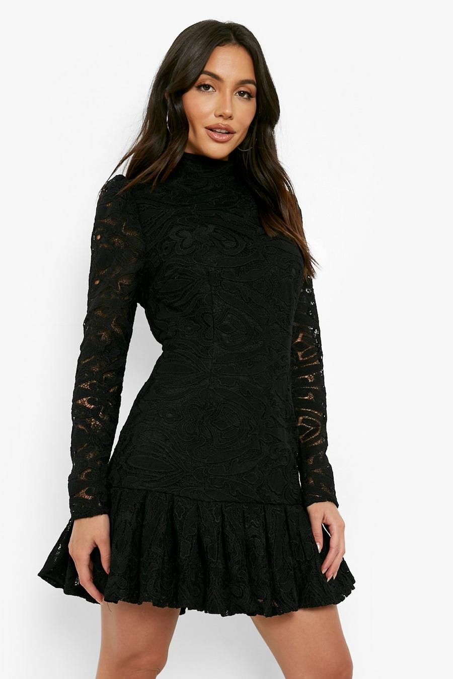 Black Lace Drop Hem Shoulder Detail Skater Dress