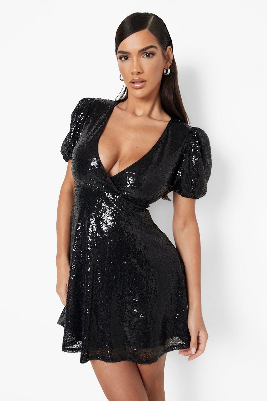 Black negro Sequin Puff Sleeve Skater Party Dress