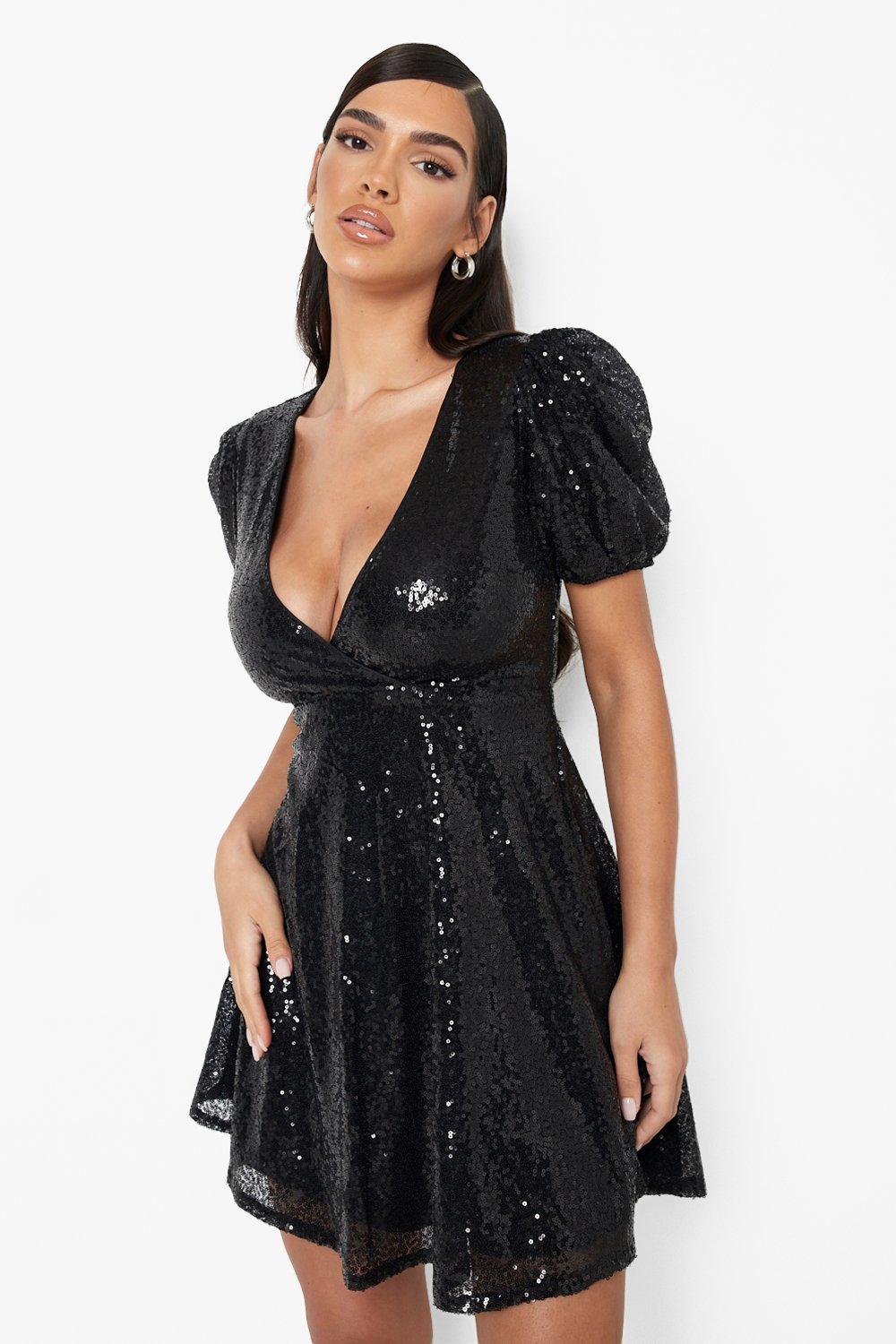 Sequin Puff Sleeve Skater Party Dress boohoo USA