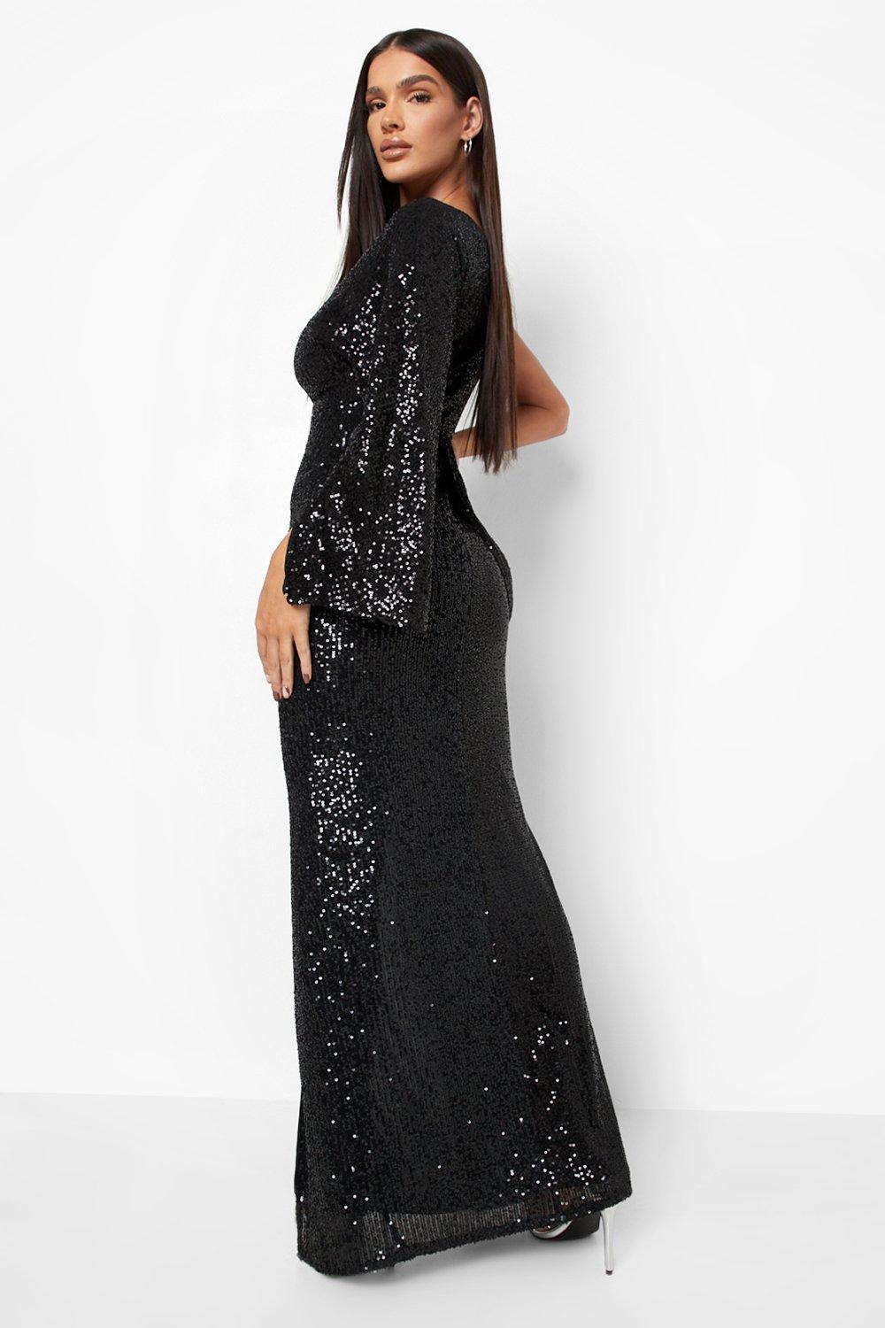 Sequin One Shoulder Drape Maxi Party Dress