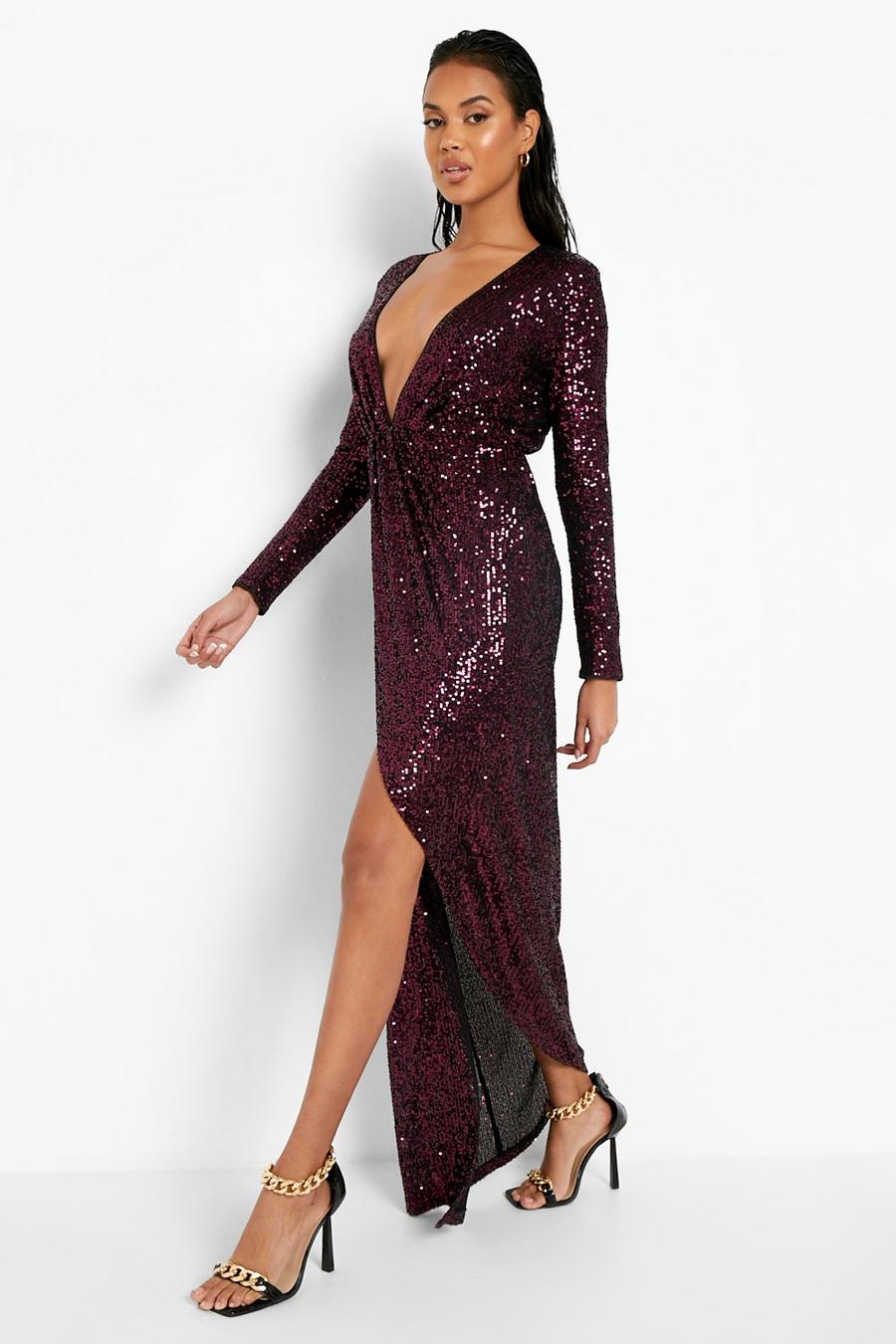 Berry Sequin Wrap Plunge Maxi Party Dress image number 1