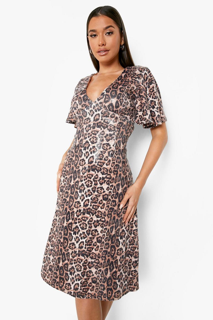Brown Leopard Sequin Flared Sleeve Midi Dress image number 1