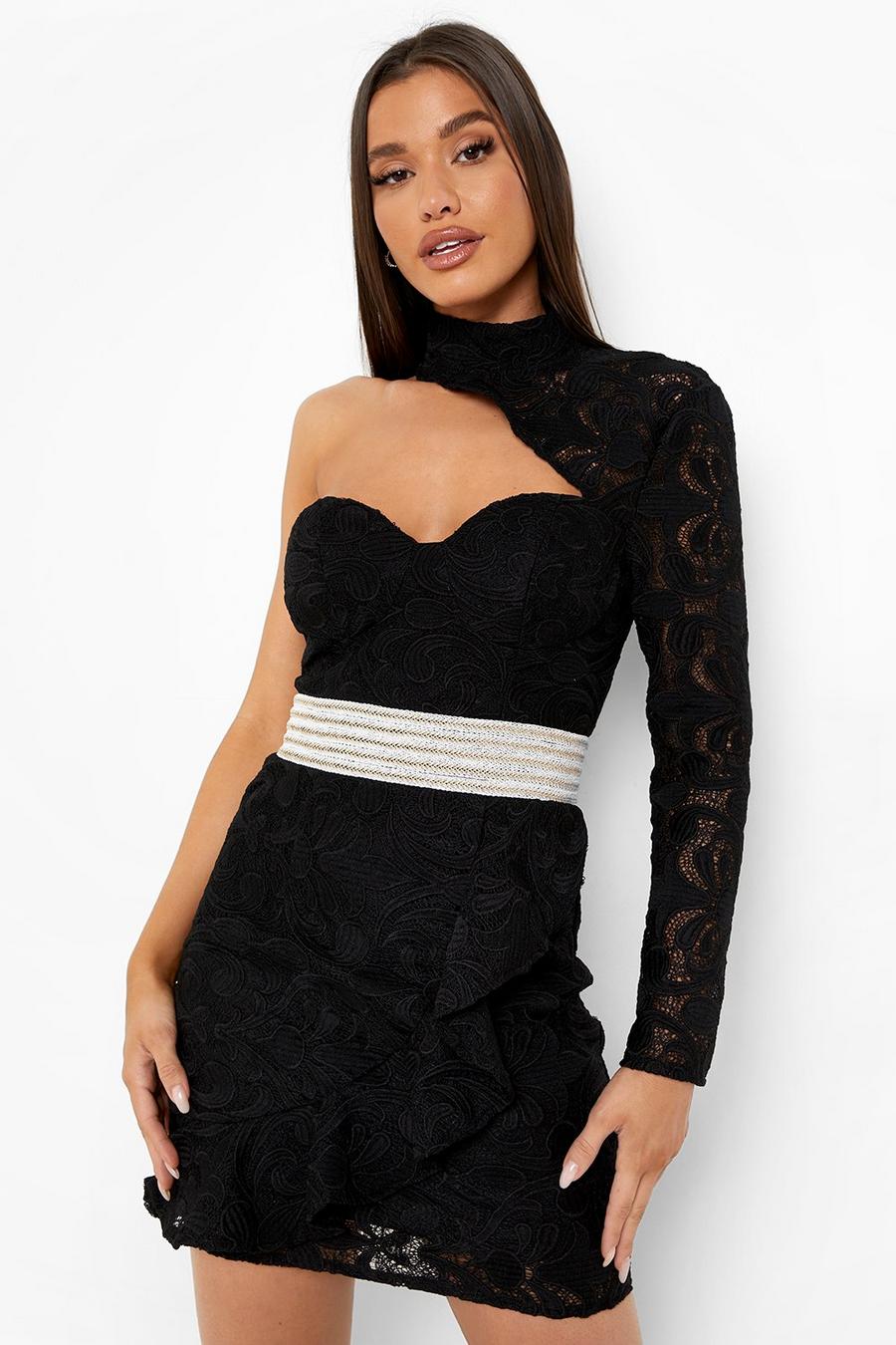 Black Lace One Shoulder High Neck Mini Dress