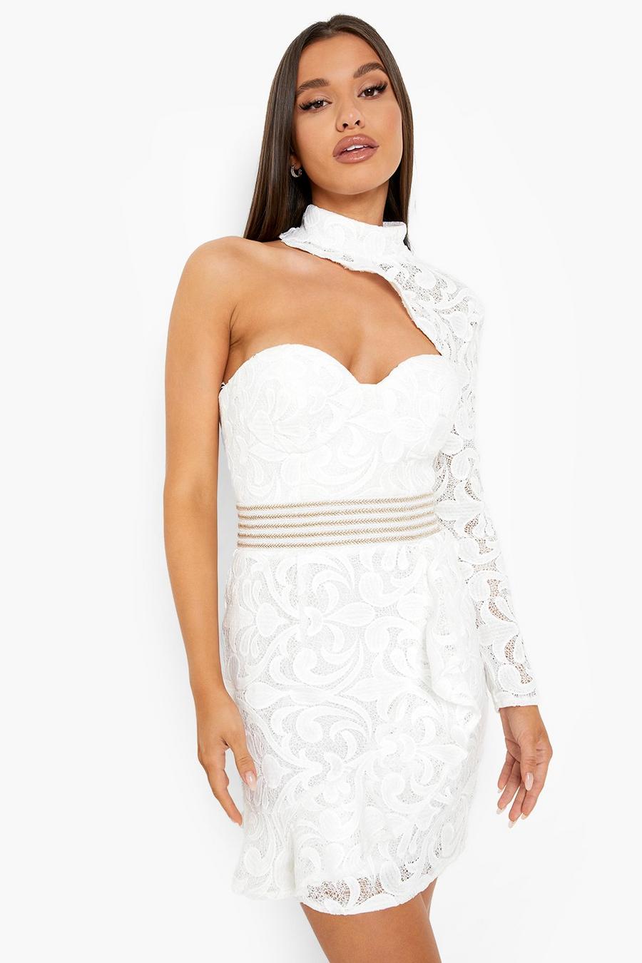 White blanco Lace One Shoulder High Neck Mini Dress