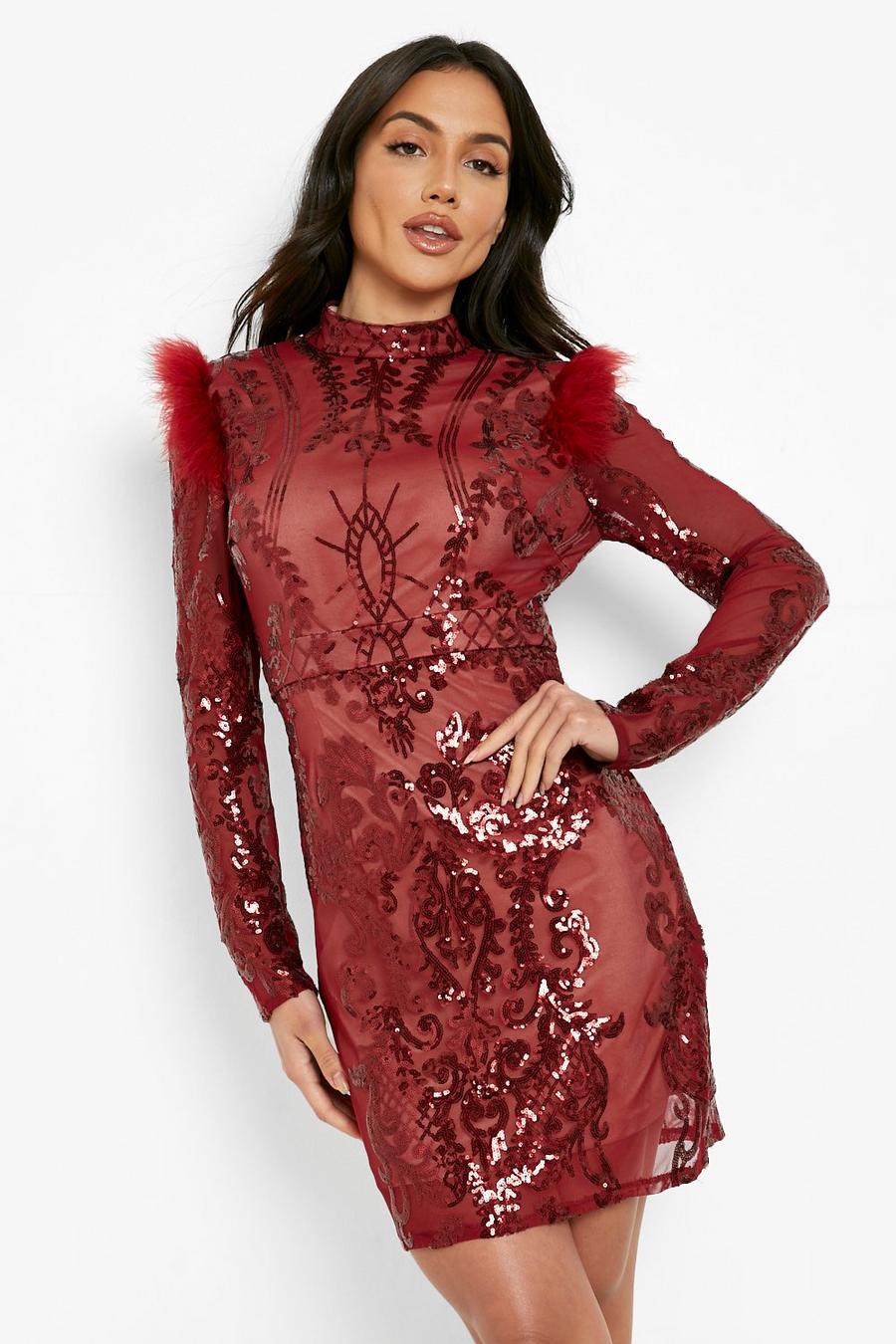 Berry röd Damask Sequin Feather Trim Mini Party Dress