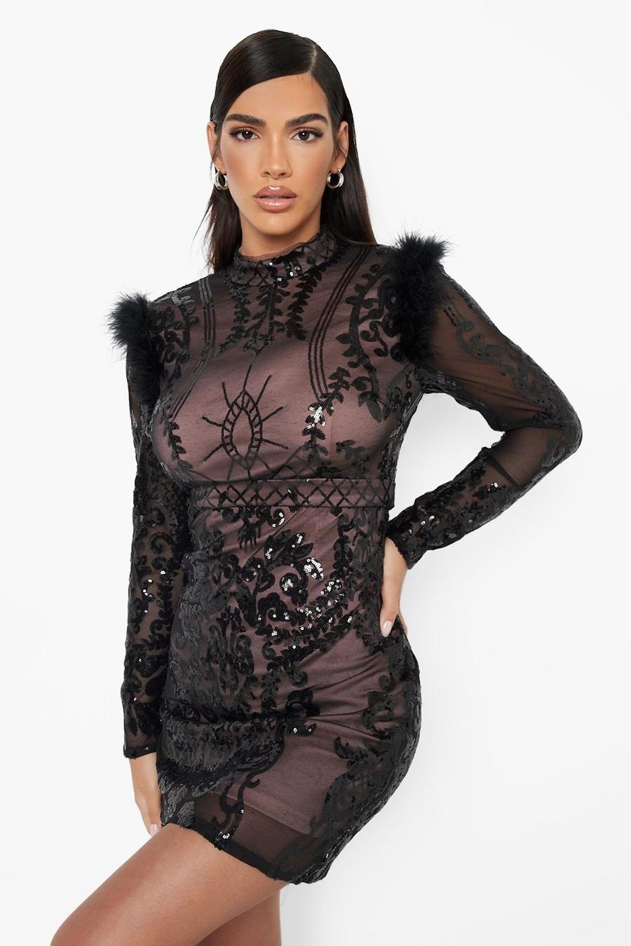 Black Damask Sequin Feather Trim Mini Party Dress image number 1