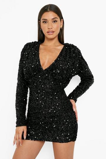 Sequin Kimono Sleeve Plunge Mini Party Dress black