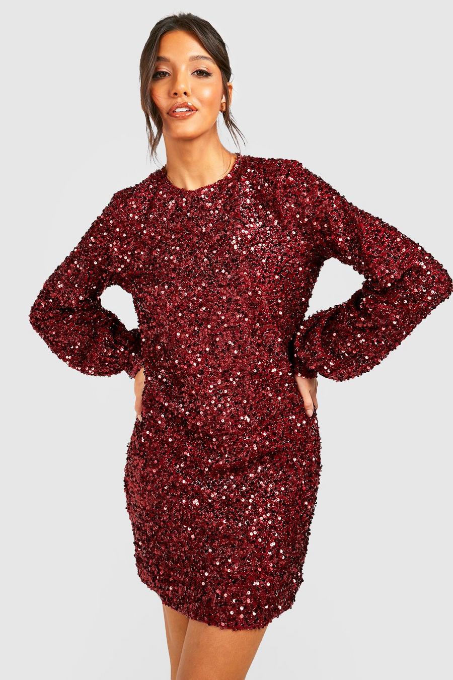 Berry red Sequin Blouson Sleeve Shift Party Dress