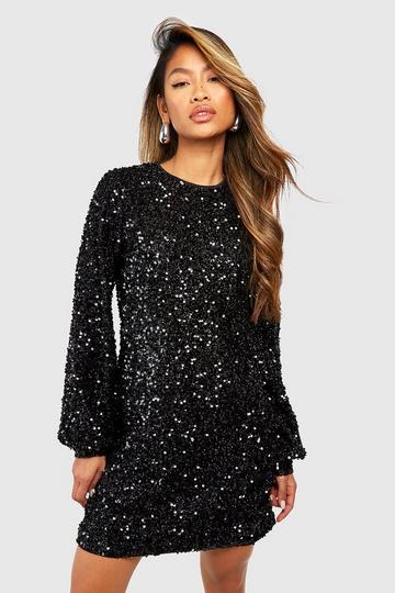 Black Sequin Blouson Sleeve Shift Party Dress