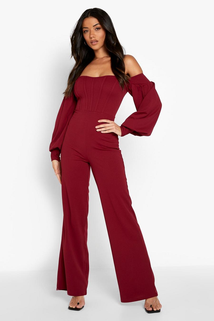 Berry Bardot Wide Leg Tailored Jumpsuit image number 1