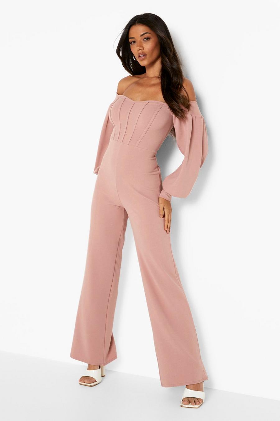 Dusty pink Bardot Wide Leg Tailored Jumpsuit image number 1