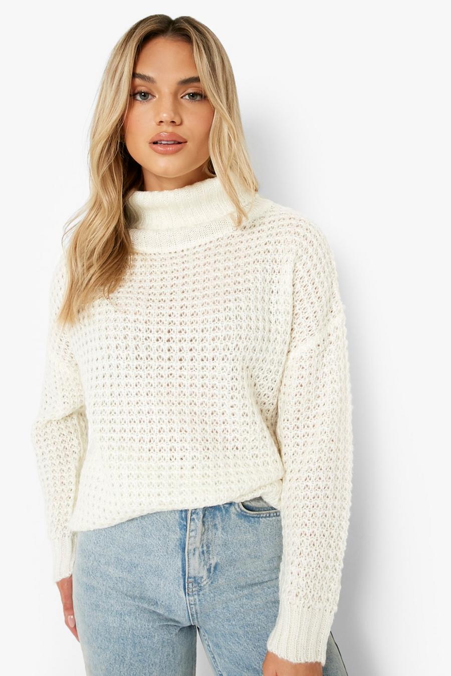 Cream Soft Knit Turtleneck Slouchy Sweater image number 1