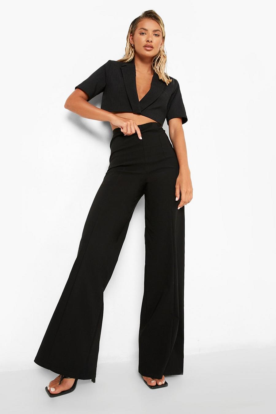 Black Woven Wide Leg Seam Detail Trousers image number 1